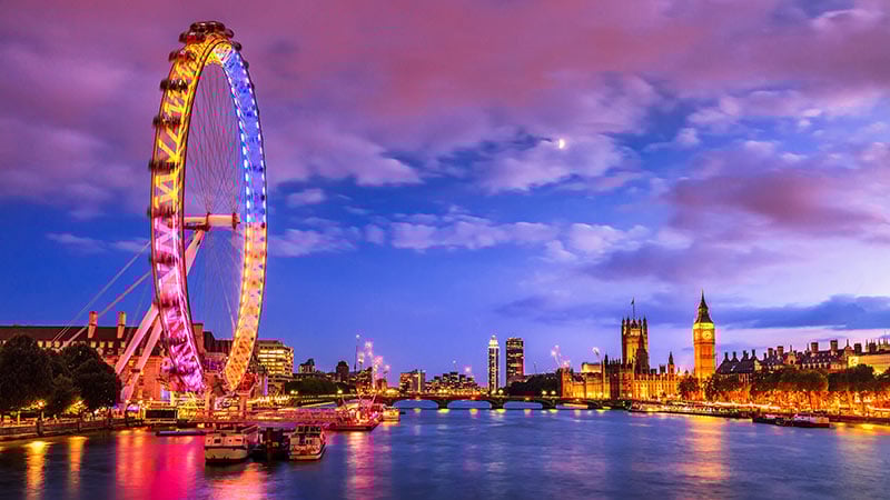 London at twilight. London eye, County Hall, Westminster Bridge, Big Ben and Houses of Parliament